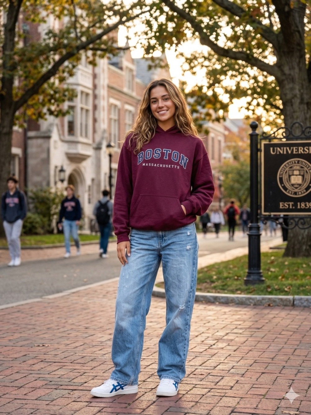 Boston Massachusetts Burgundy Blue Spellout Pull Over Sweatshirt‎ Hoodie Size L